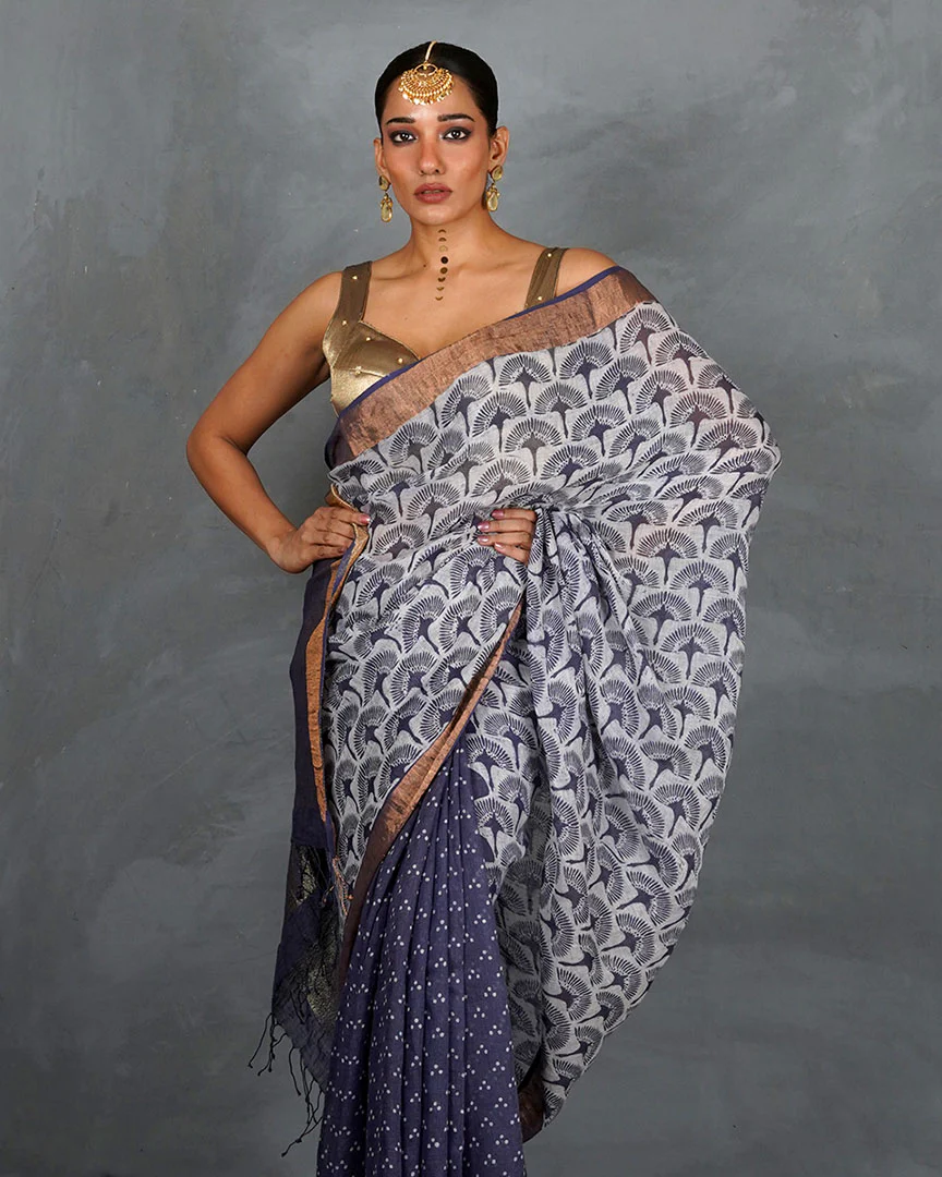 Prabha Blue With White Handblock Linen Saree - TARA - Image 4