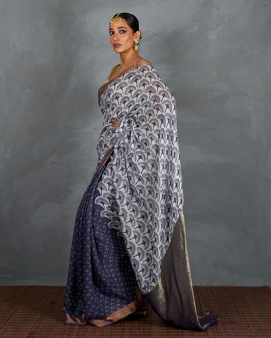 Prabha Blue With White Handblock Linen Saree - TARA - Image 5
