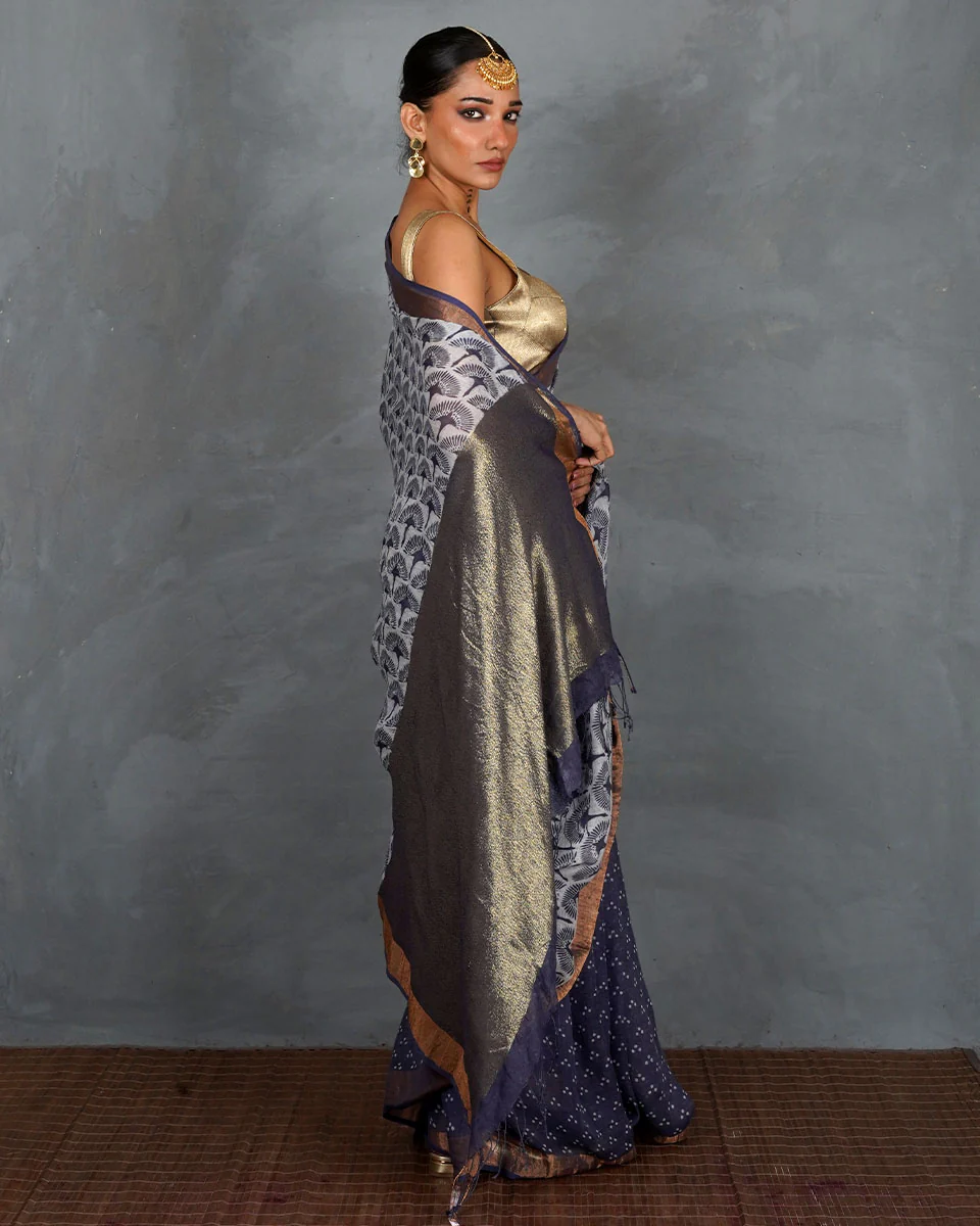 Prabha Blue With White Handblock Linen Saree - TARA - Image 6