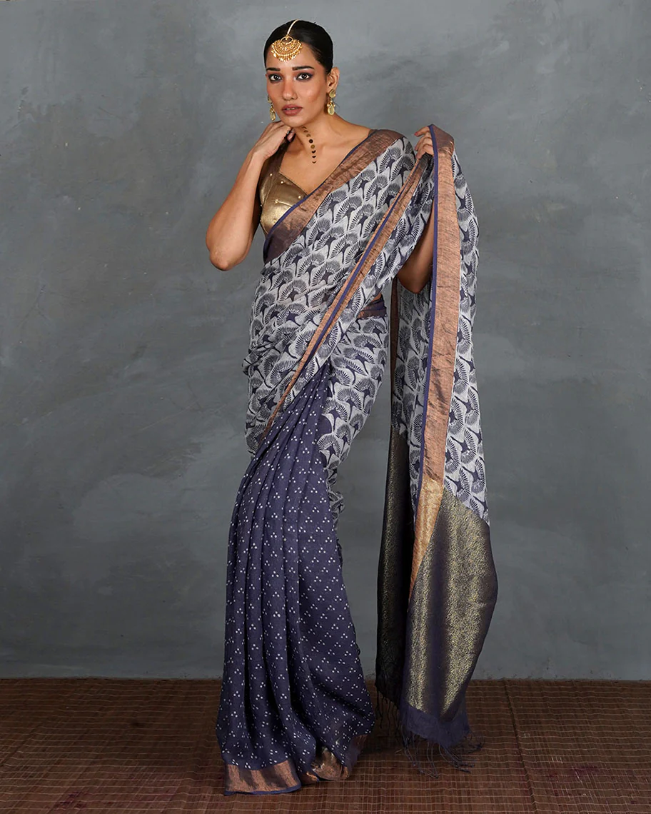 Prabha Blue With White Handblock Linen Saree - TARA - Image 7