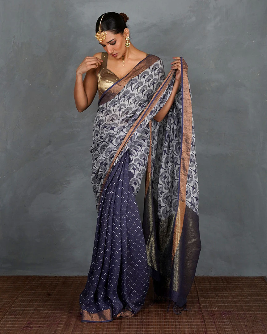 Prabha Blue With White Handblock Linen Saree - TARA - Image 9