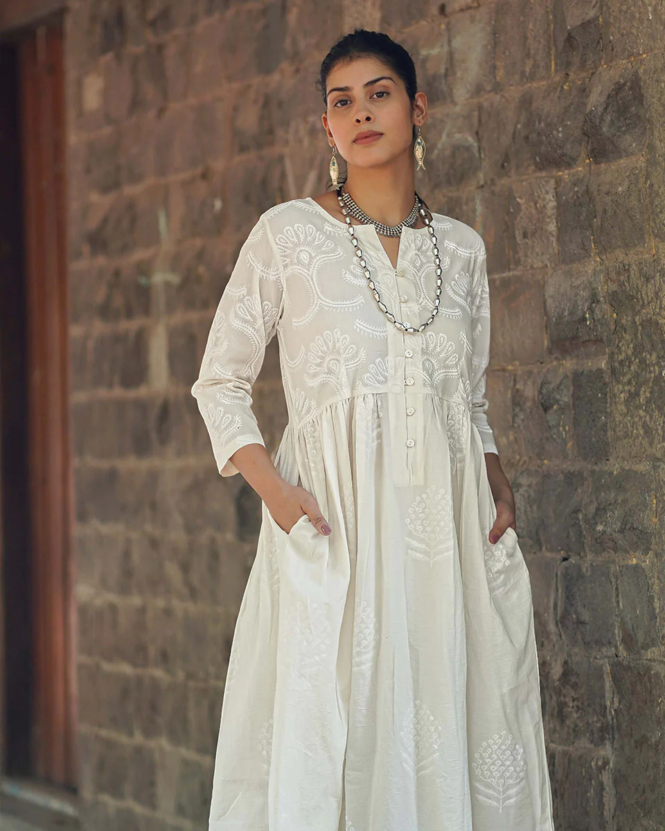 Pressed Cotton Ivory Handblock Printed Kurta Pant Set - SFD - Image 13