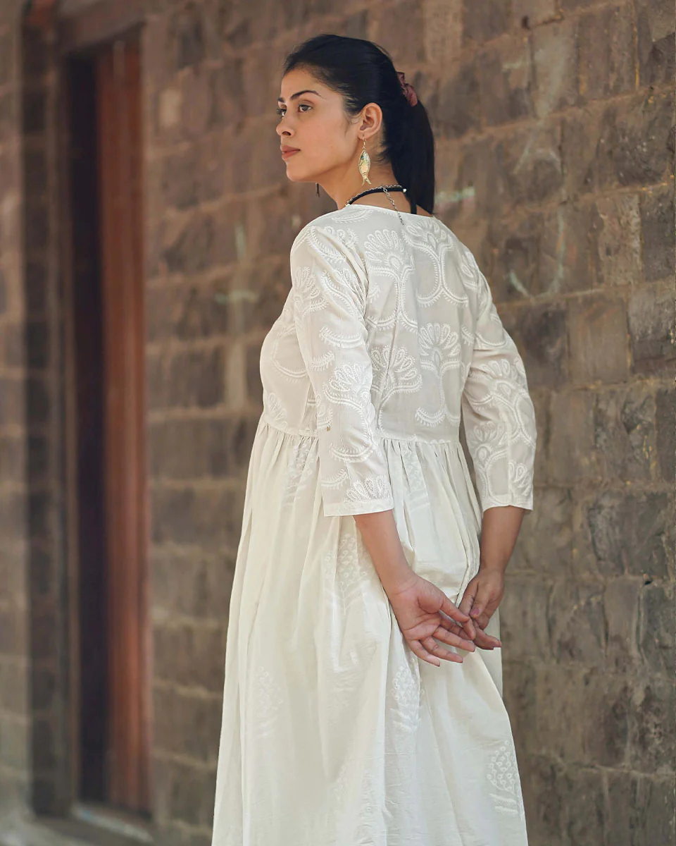 Pressed Cotton Ivory Handblock Printed Kurta Pant Set - SFD - Image 15