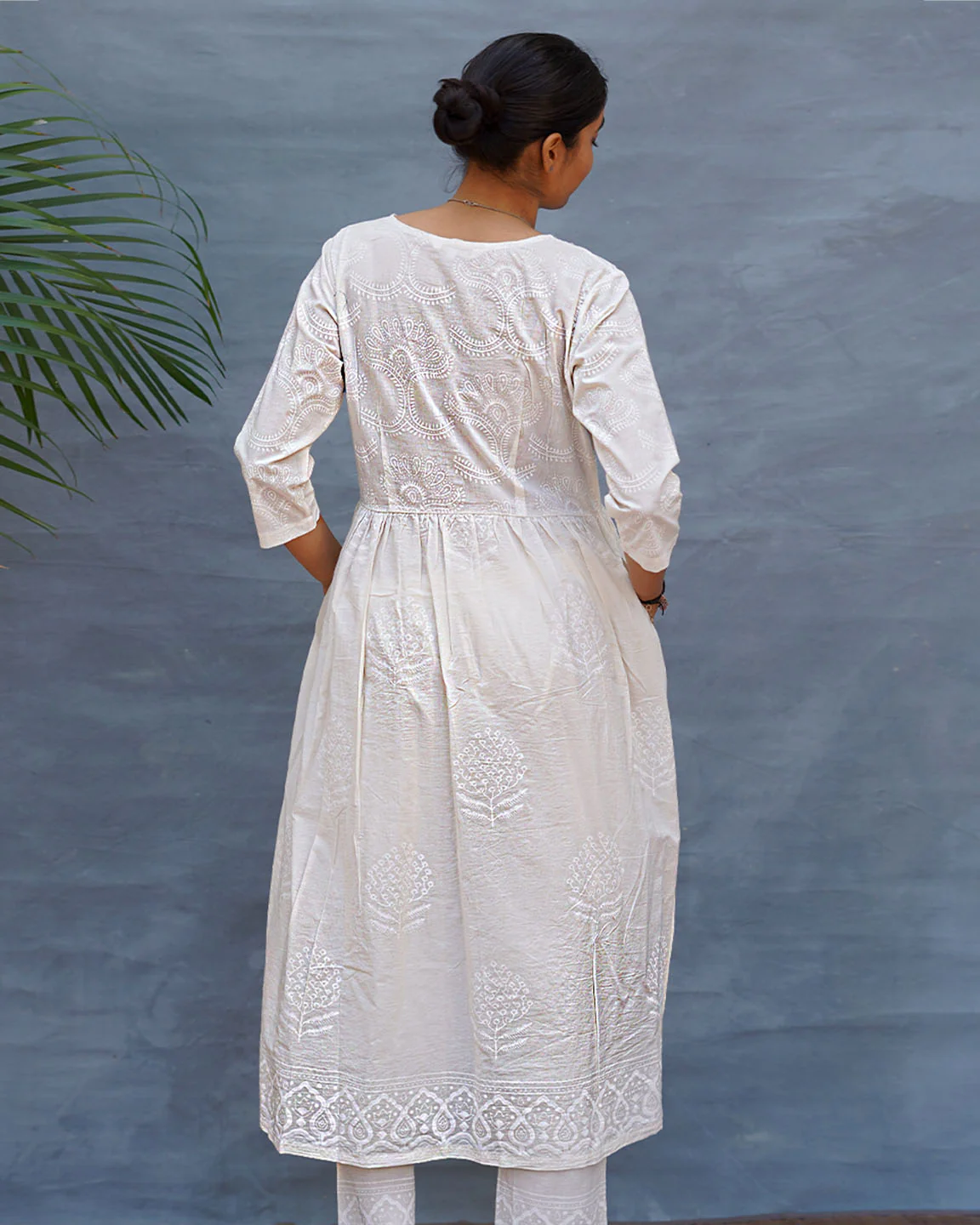 Pressed Cotton Ivory Handblock Printed Kurta Pant Set - SFD - Image 5