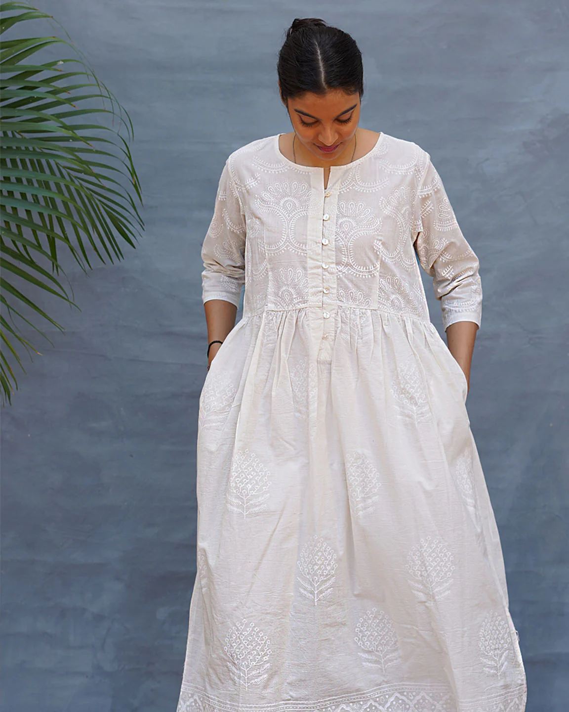 Pressed Cotton Ivory Handblock Printed Kurta Pant Set - SFD - Image 7