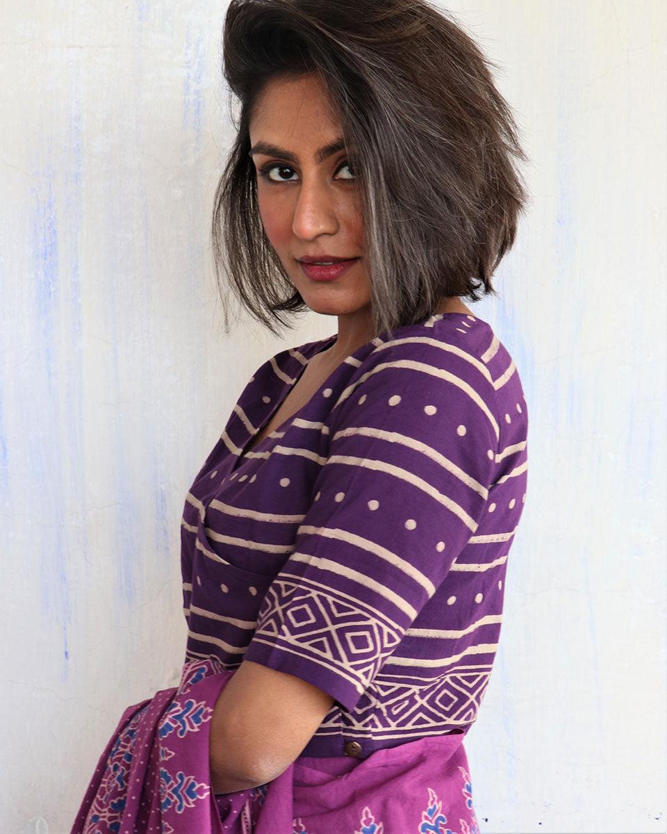 Purple Block Printed Crop Top Blouse-Butterflygirls - Image 2