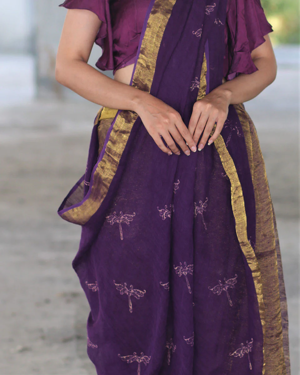 Purple Block Printed Handwoven Linen Zari Saree -Anant - Image 3