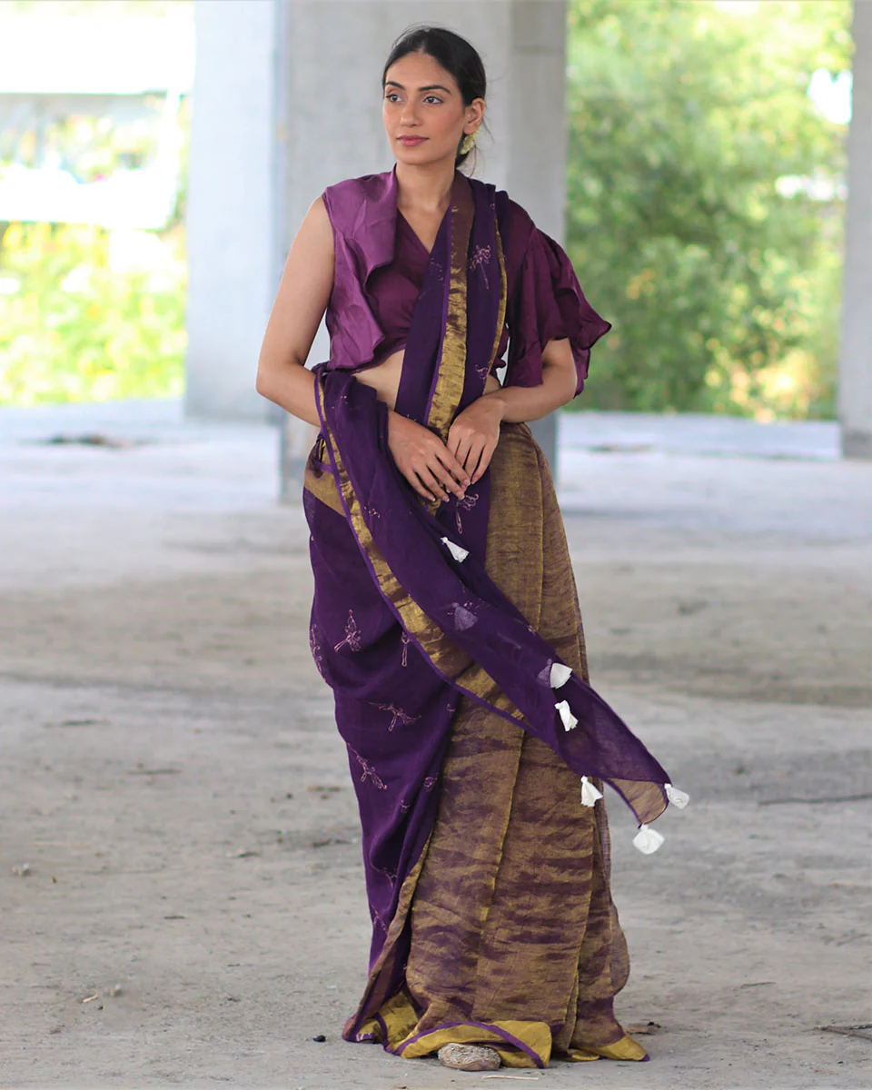 Purple Block Printed Handwoven Linen Zari Saree -Anant - Image 4