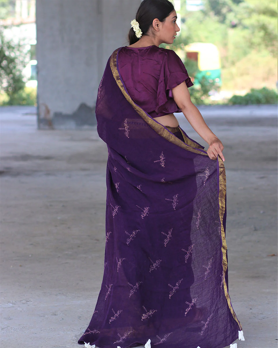 Purple Block Printed Handwoven Linen Zari Saree -Anant - Image 6