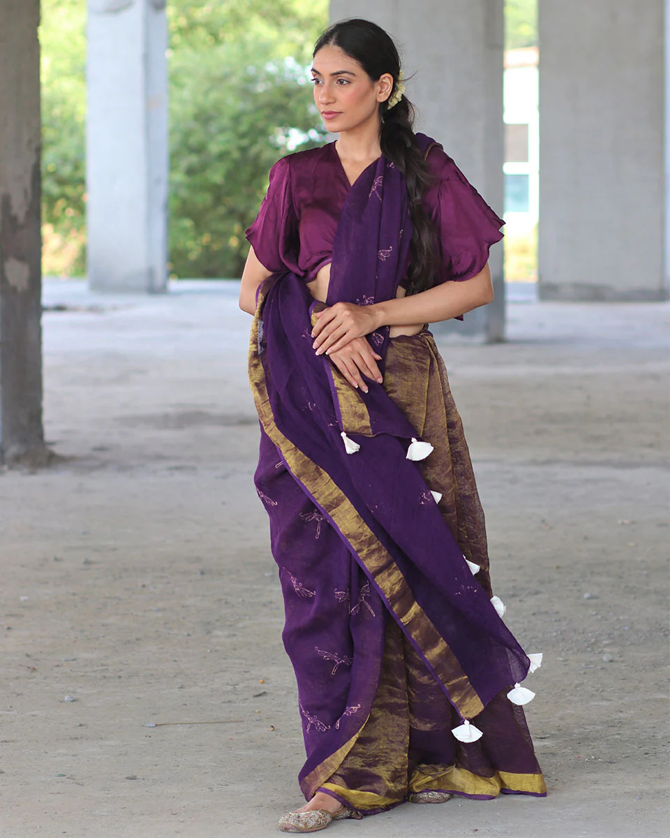 Purple Block Printed Handwoven Linen Zari Saree -Anant - Image 7