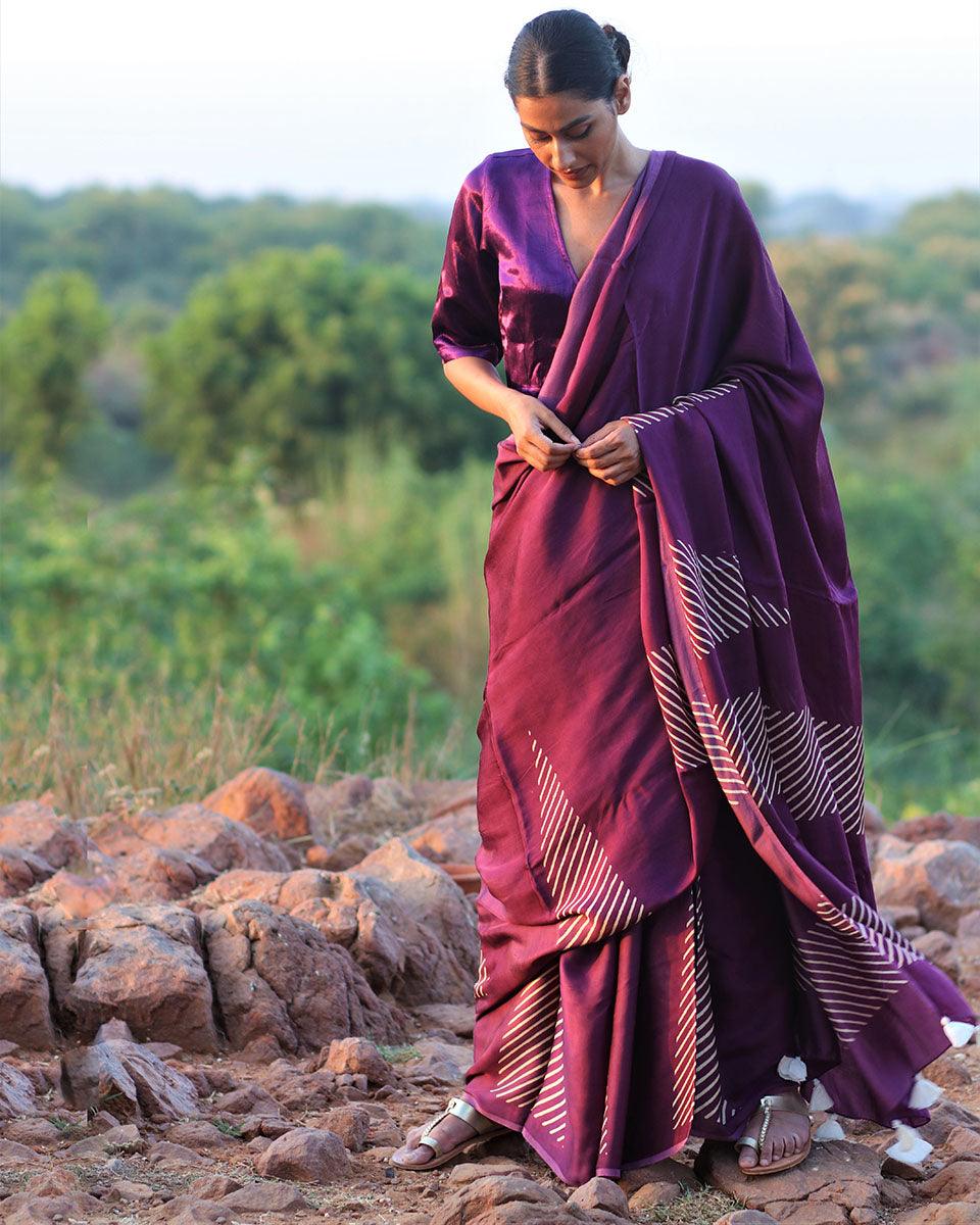 Purple Blockprinted Modal Silk Saree - Rang - Image 6
