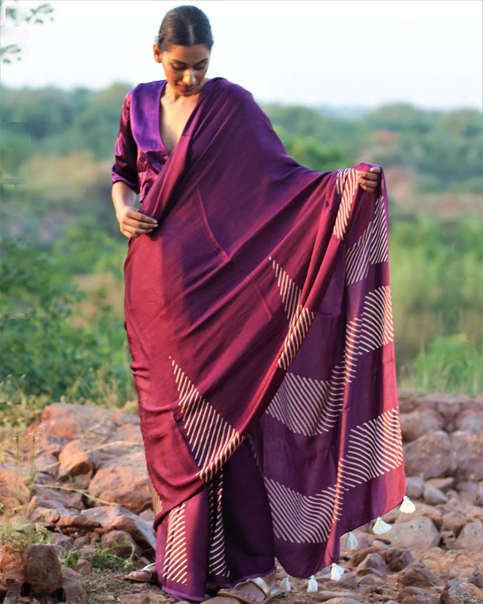 Purple Blockprinted Modal Silk Saree - Rang - Image 7