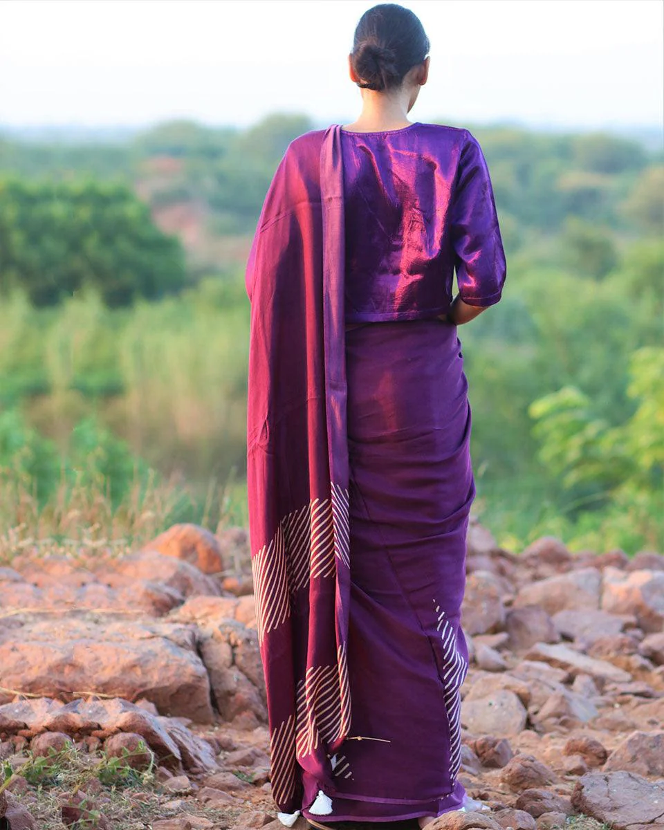 Purple Blockprinted Modal Silk Saree - Rang - Image 8