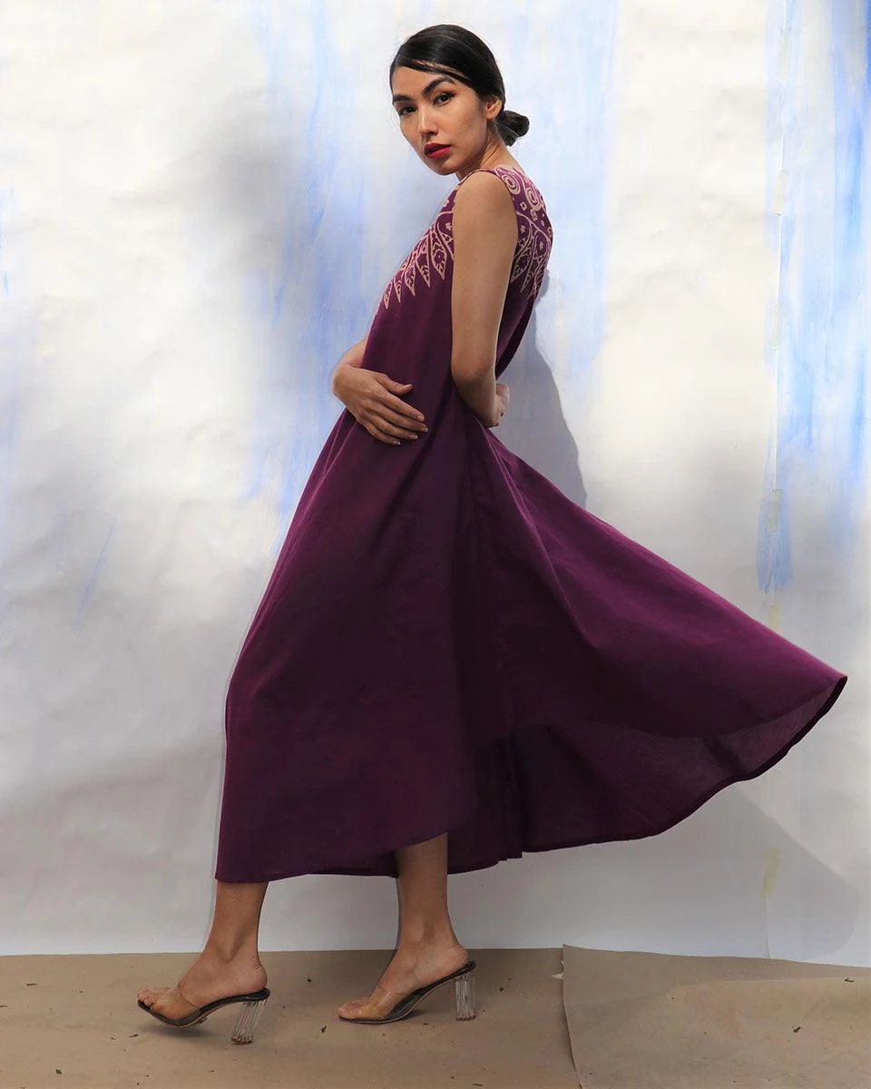 Purple Handprinted One Shoulder Pure Cotton Dress -Skd - Image 5