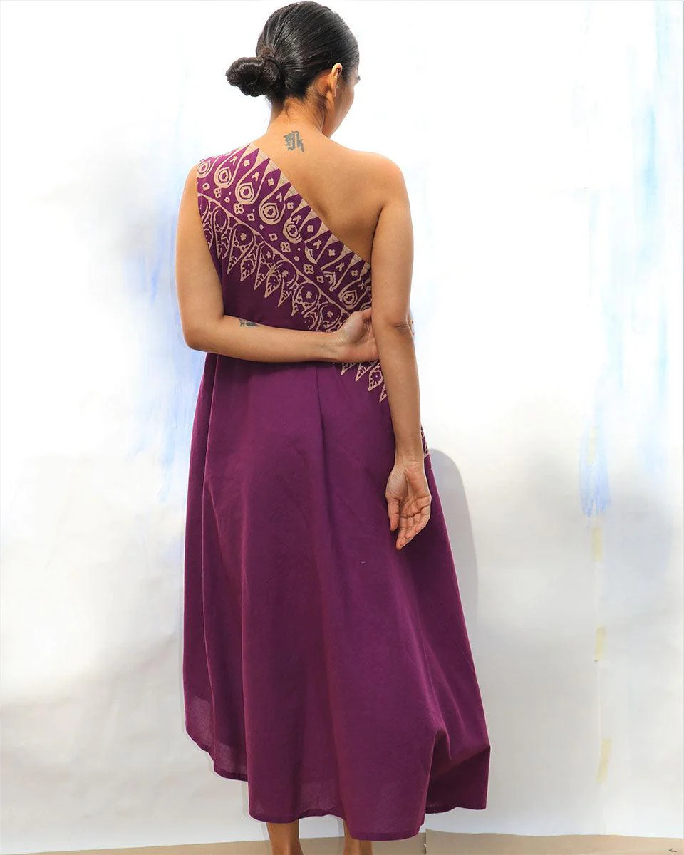 Purple Handprinted One Shoulder Pure Cotton Dress -Skd - Image 6