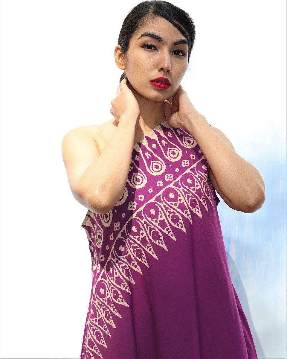 Purple Handprinted One Shoulder Pure Cotton Dress -Skd - Image 7