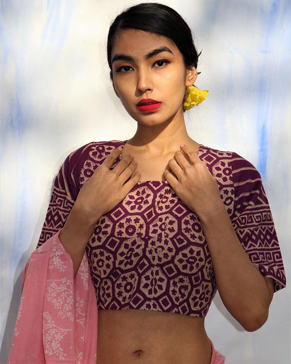 Purple Handprinted Pure Cotton Crop Top Blouse -Skd - Image 2