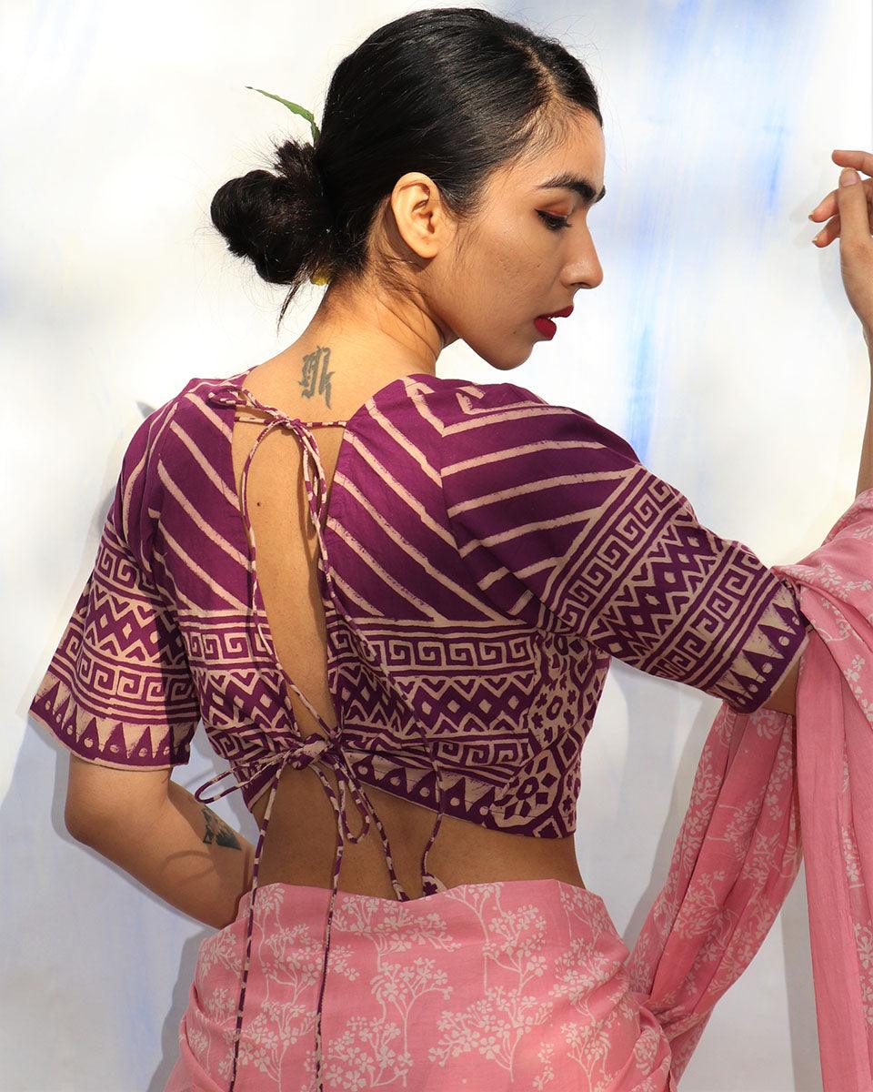 Purple Handprinted Pure Cotton Crop Top Blouse -Skd - Image 4