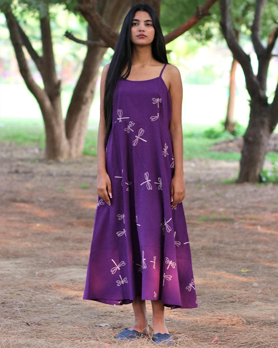 Purple Handprinted Pure Cotton Dress-Slow - Image 4