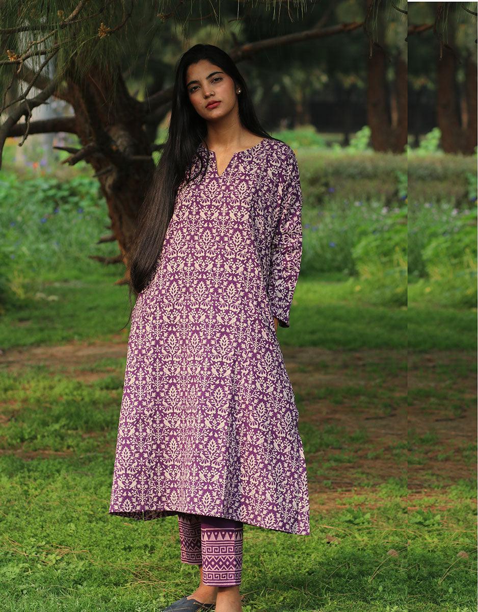 Purple Handprinted Pure Cotton Kurti Set Of 2-Slow - Image 4