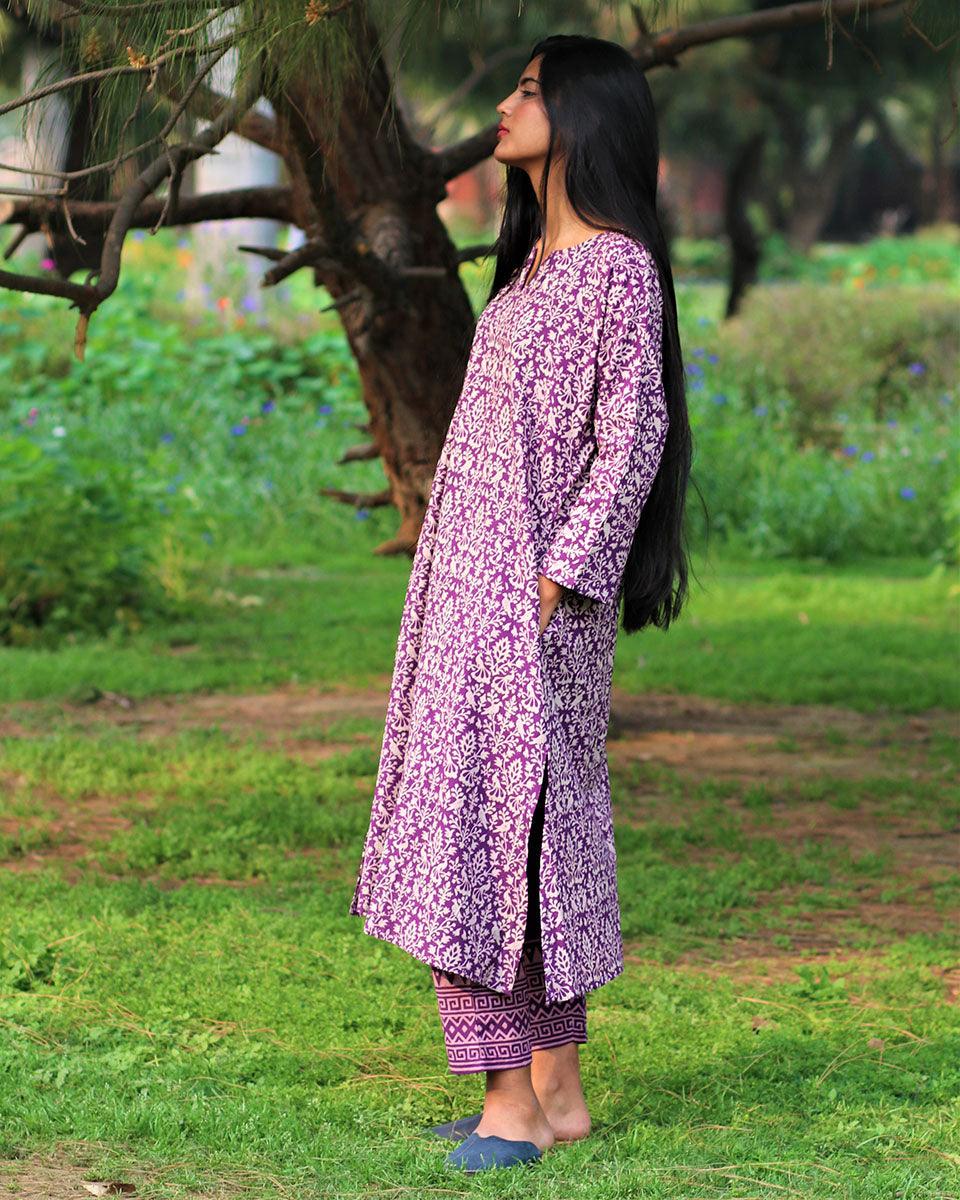 Purple Handprinted Pure Cotton Kurti Set Of 2-Slow - Image 5