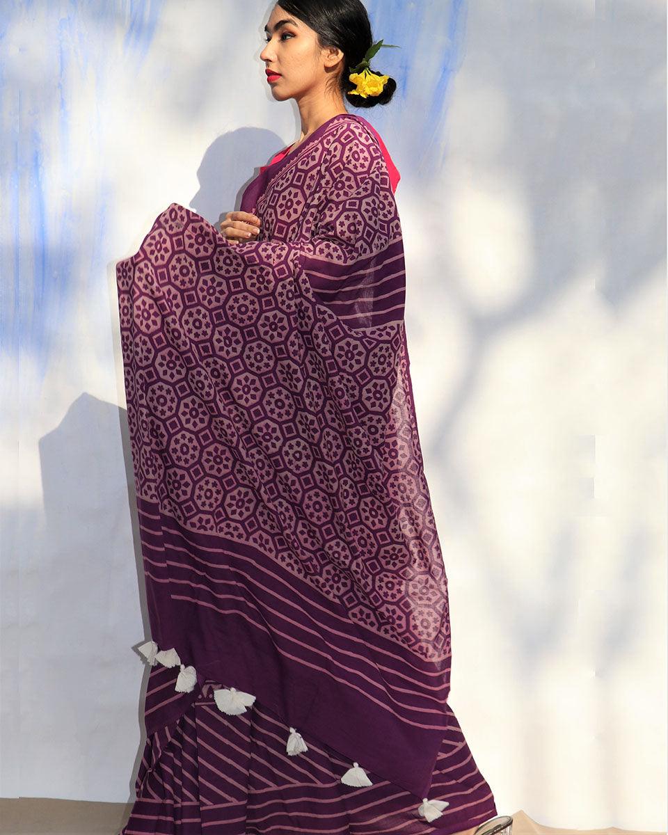 Purple Meadow Hand Blockprinted Sarees- Skd - Image 2