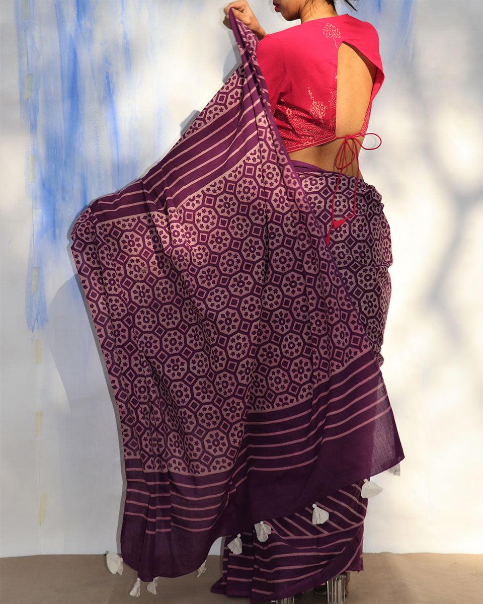 Purple Meadow Hand Blockprinted Sarees- Skd - Image 5