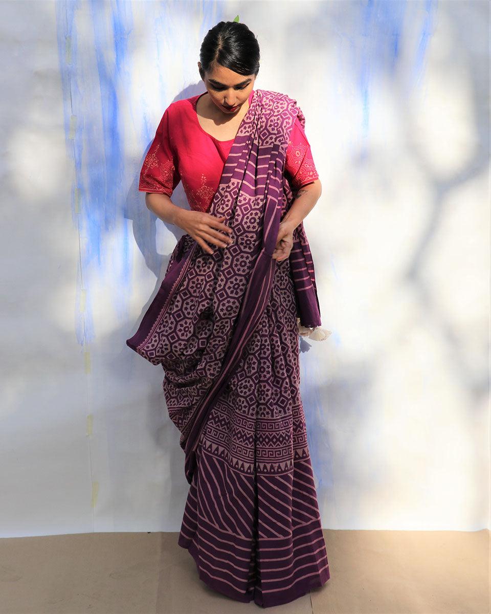 Purple Meadow Hand Blockprinted Sarees- Skd - Image 6