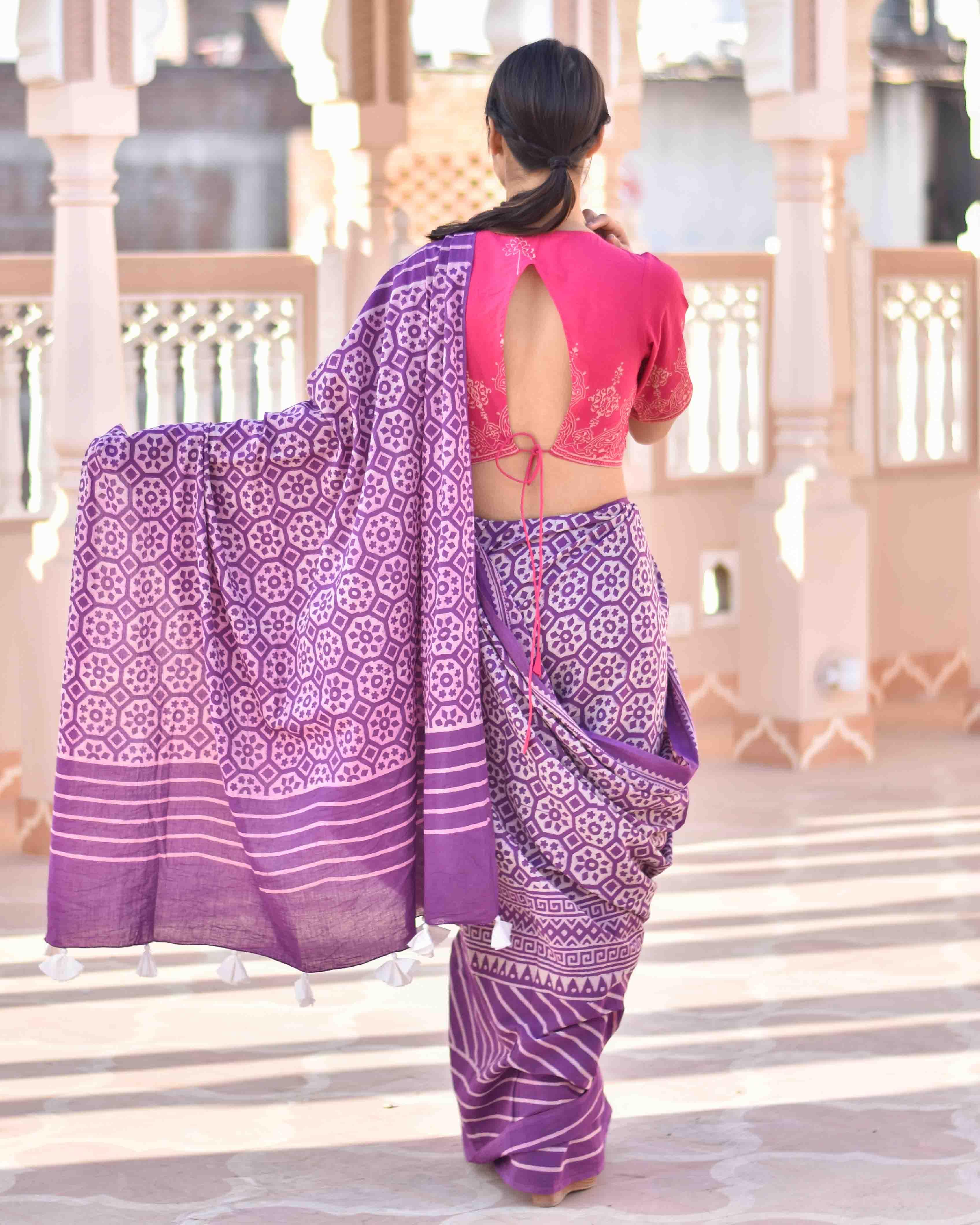 Purple Meadow Hand Blockprinted Sarees- Skd - Image 8