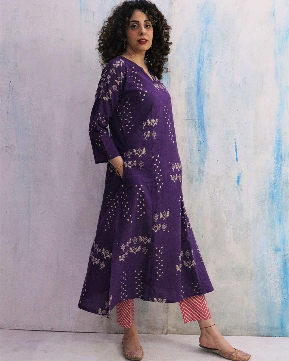 Purple & Pink Block Print Cotton Kurta Set - Image 11