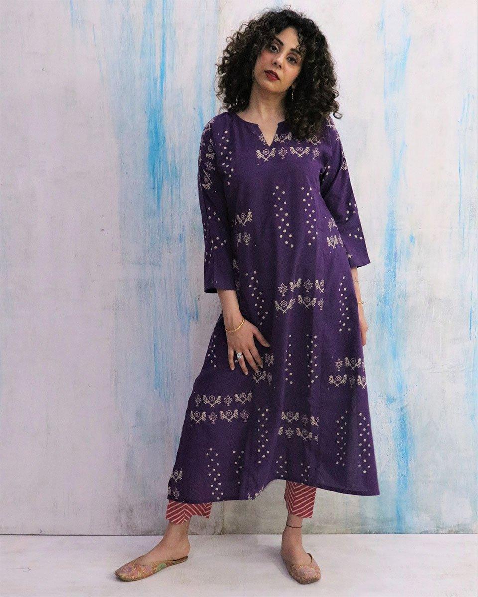 Purple & Pink Block Print Cotton Kurta Set - Image 4