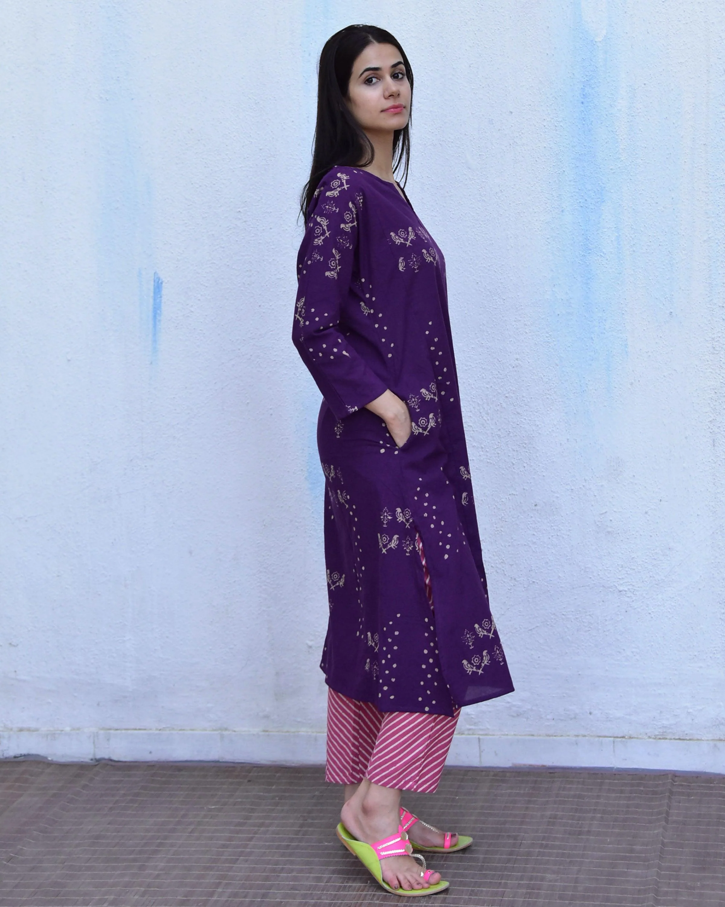 Purple & Pink Block Print Cotton Kurta Set - Image 6