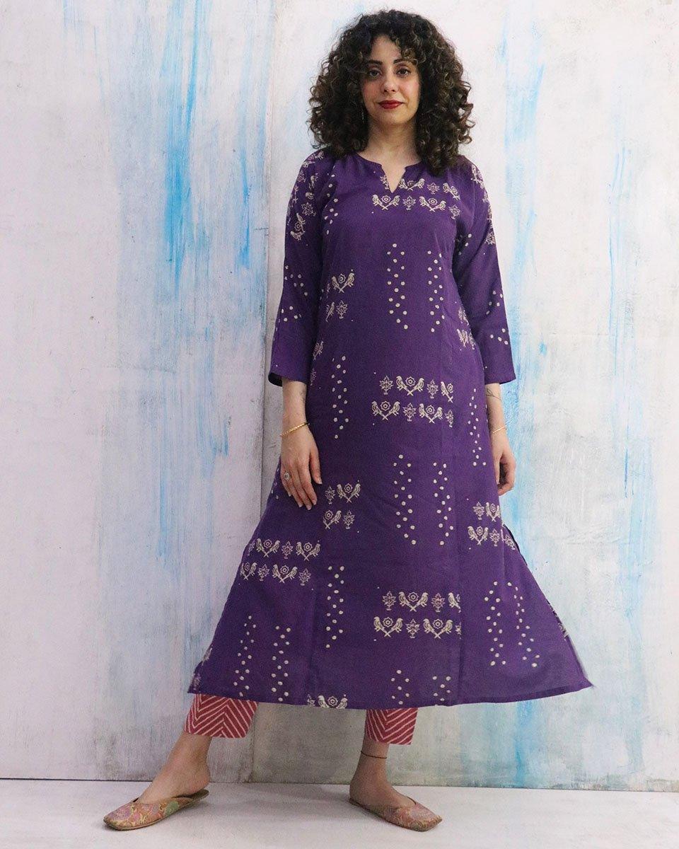 Purple & Pink Block Print Cotton Kurta Set - Image 8