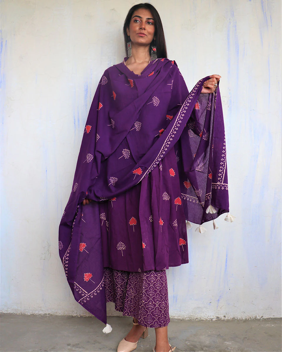 Purple Pure Cotton Block Pritned Dupatta-Ajooni - Image 3