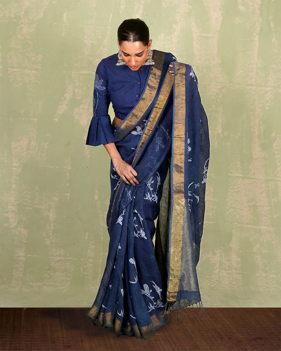 Purva Blue Handblock Print Linen Saree - INDI - Image 4