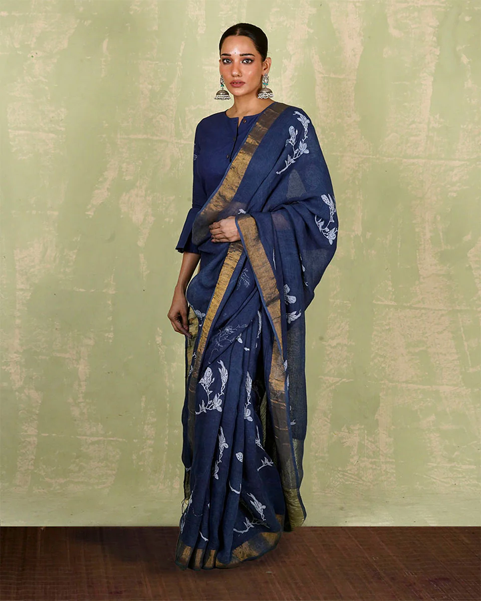 Purva Blue Handblock Print Linen Saree - INDI - Image 9