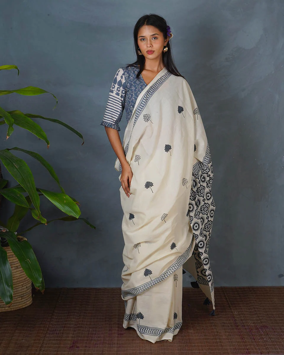Quiet Cloud Ivory Block Printed Saree - BMS - Image 10