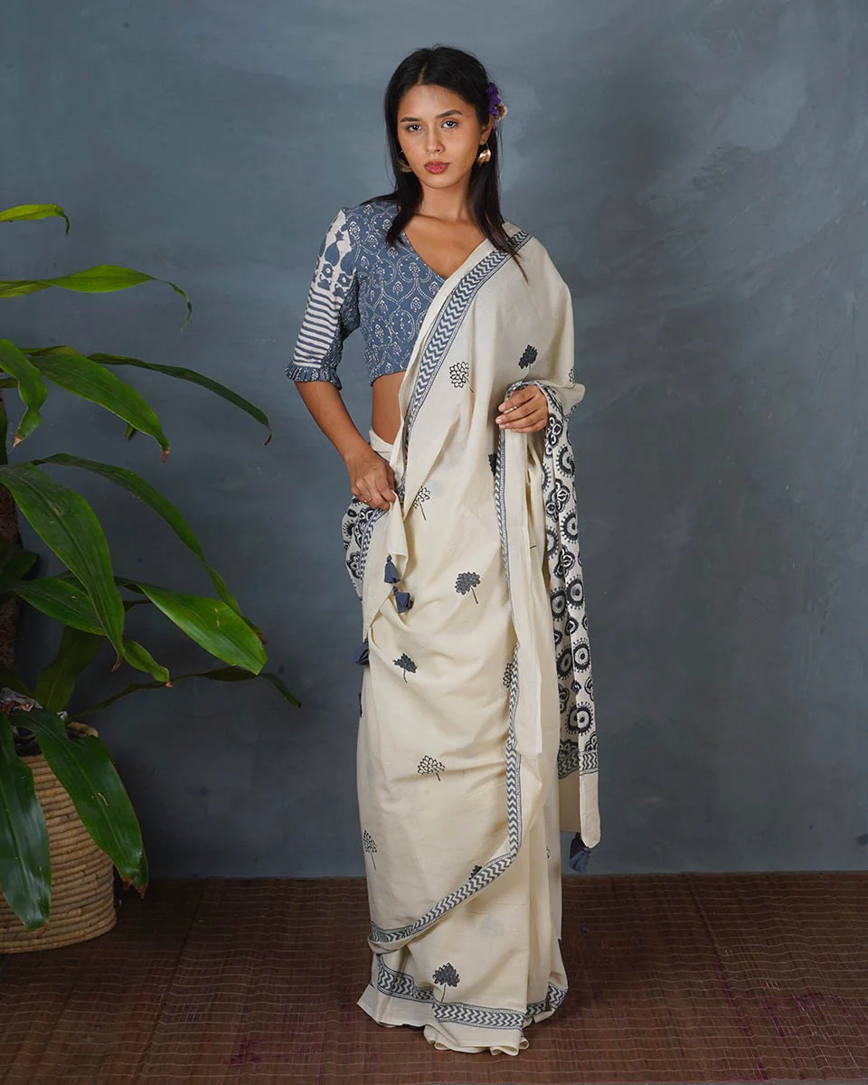 Quiet Cloud Ivory Block Printed Saree - BMS - Image 6