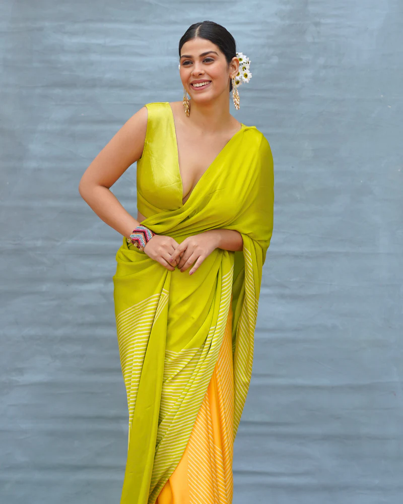 Quiet Wave Yellow Handblock Print Modal Silk Saree - Flow - Image 4