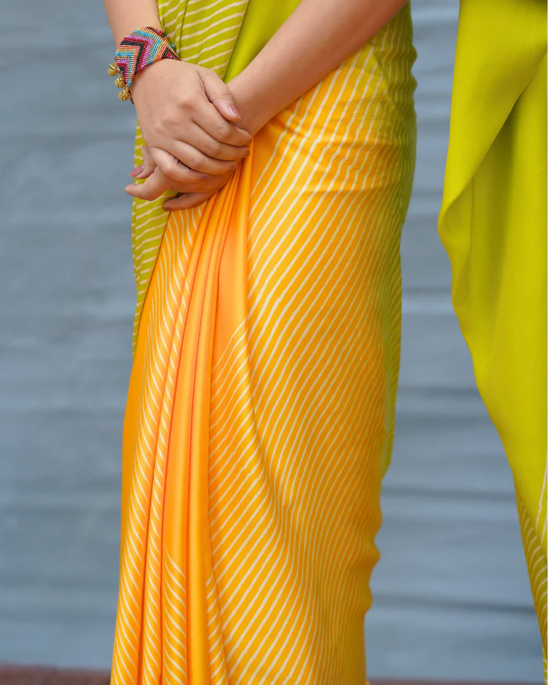 Quiet Wave Yellow Handblock Print Modal Silk Saree - Flow - Image 5