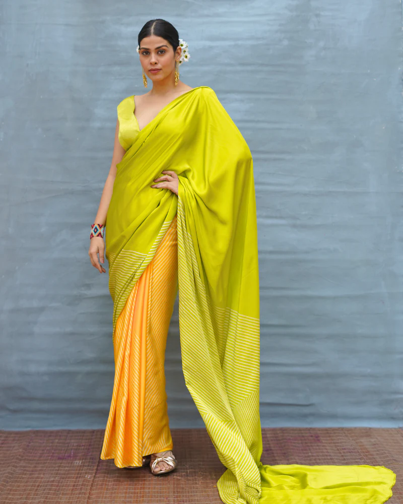 Quiet Wave Yellow Handblock Print Modal Silk Saree - Flow - Image 7