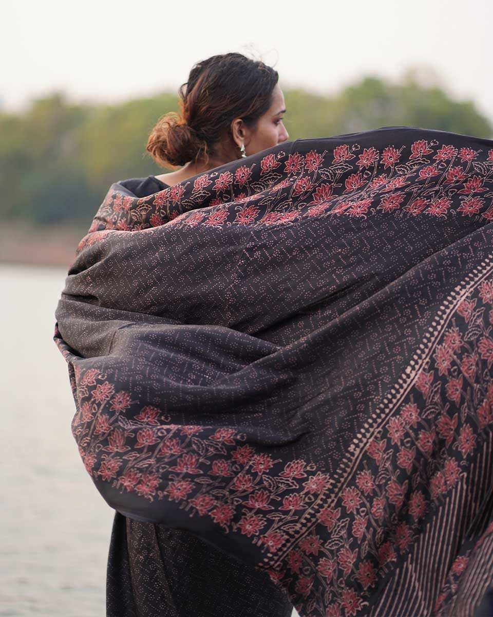 Rahi Black Block printed Modal Silk Saree - Jaisal - Image 4