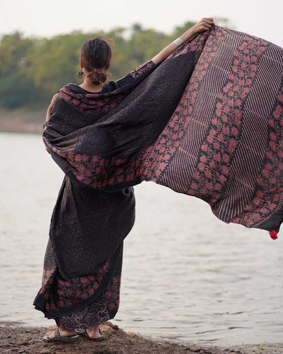 Rahi Black Block printed Modal Silk Saree - Jaisal - Image 6