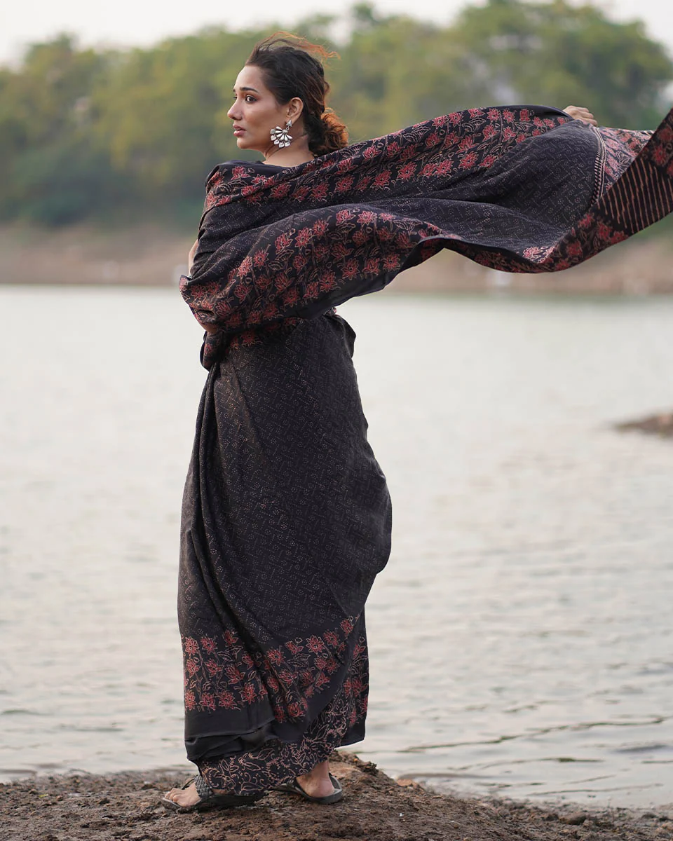 Rahi Black Block printed Modal Silk Saree - Jaisal - Image 8