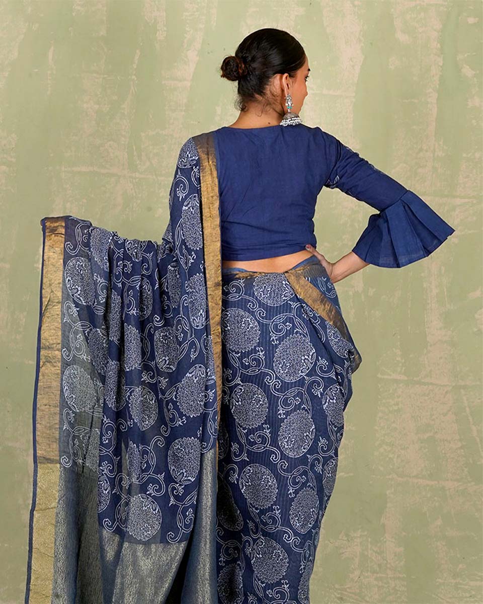 Rahi Blue Handblock Print Linen Saree - INDI - Image 3