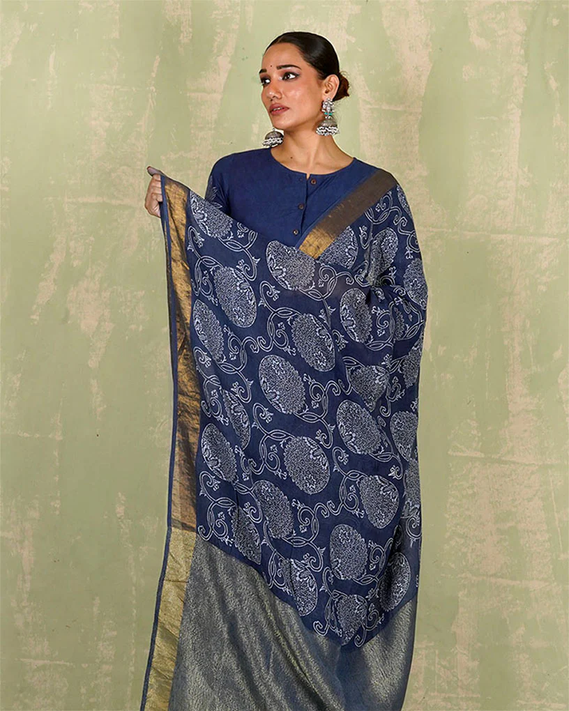 Rahi Blue Handblock Print Linen Saree - INDI - Image 5
