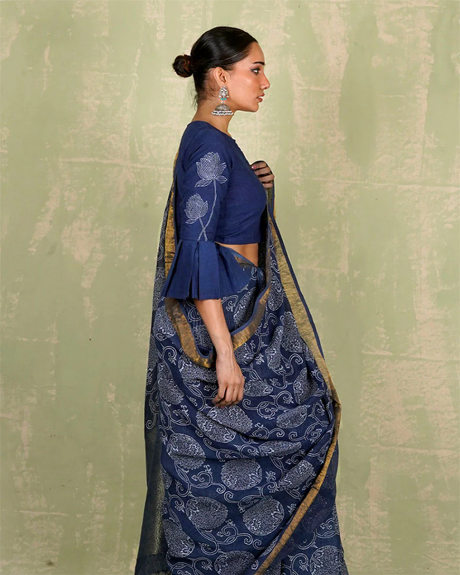 Rahi Blue Handblock Print Linen Saree - INDI - Image 8