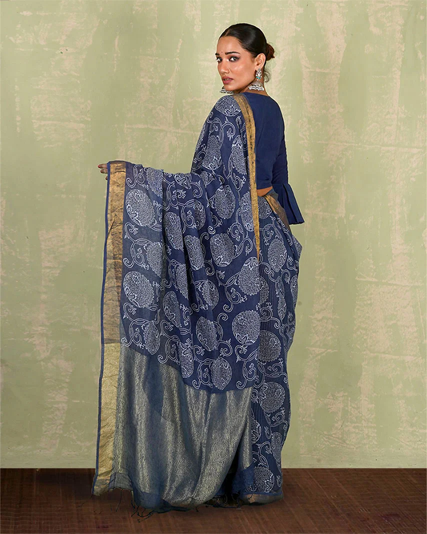 Rahi Blue Handblock Print Linen Saree - INDI - Image 9