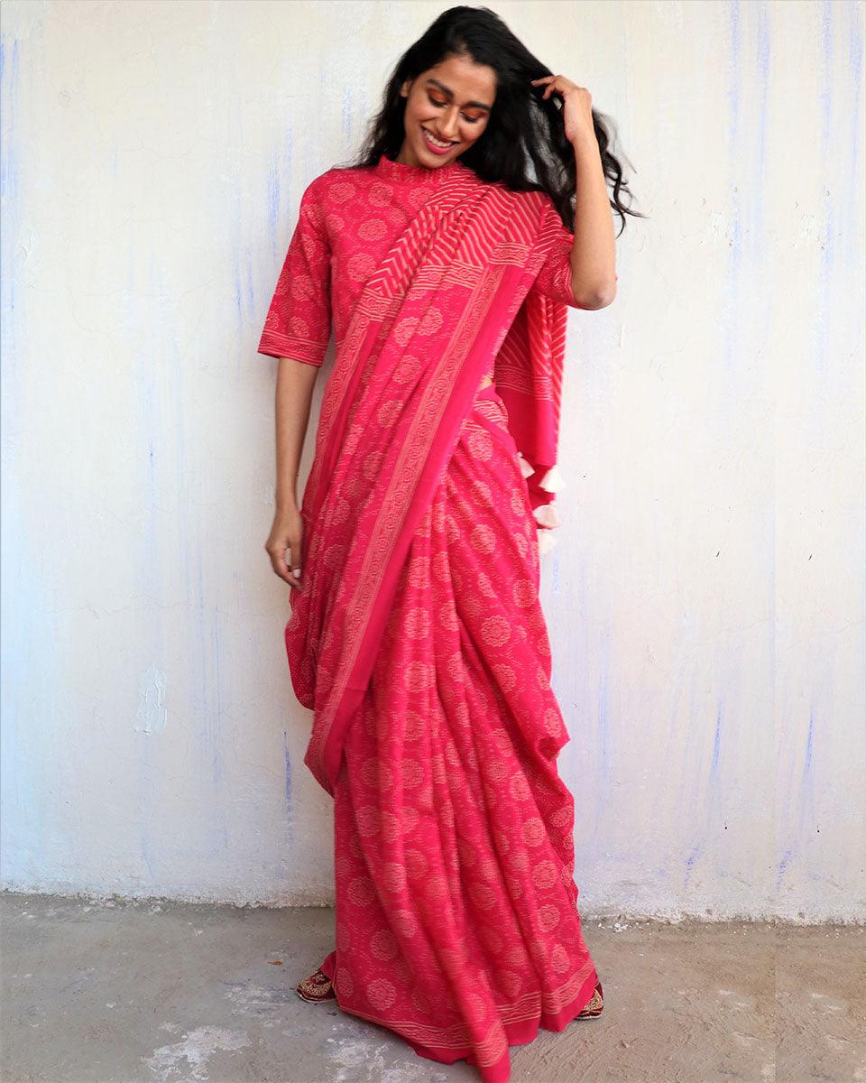 Bira Hand Blockprinted Cotton Saree - Butterfly Girls - Image 5
