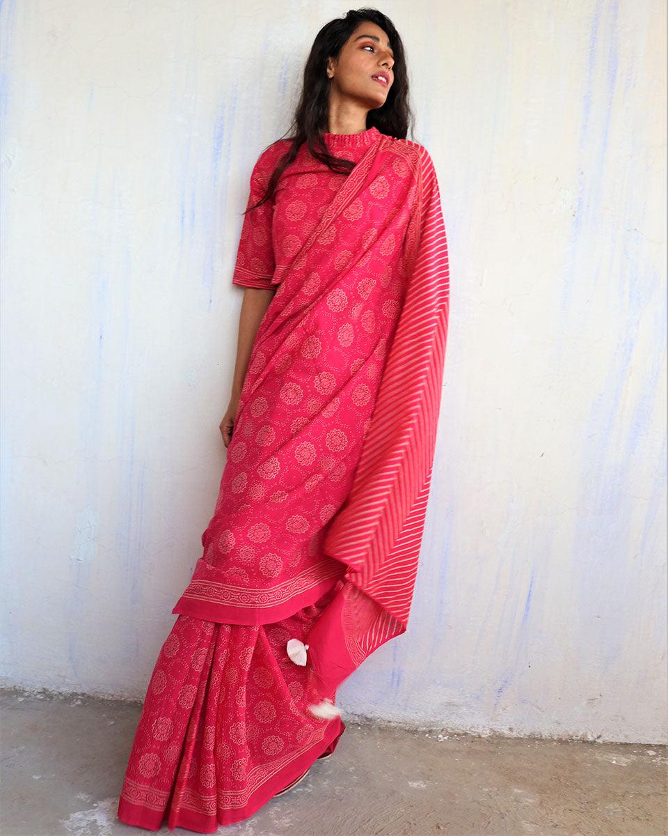 Bira Hand Blockprinted Cotton Saree - Butterfly Girls - Image 6